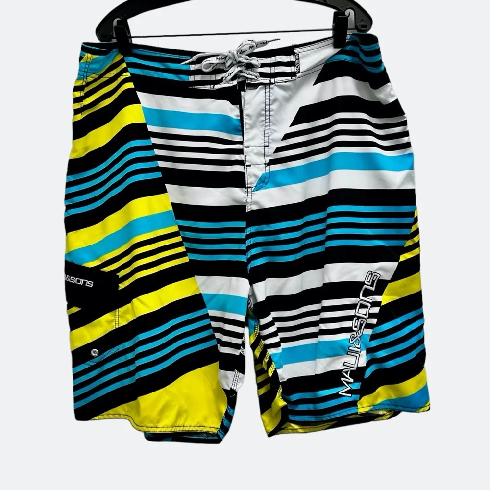 MAUI AND SONS BLUE, YELLOW, WHITE AND BLACK STRIPED BOARD SHORTS